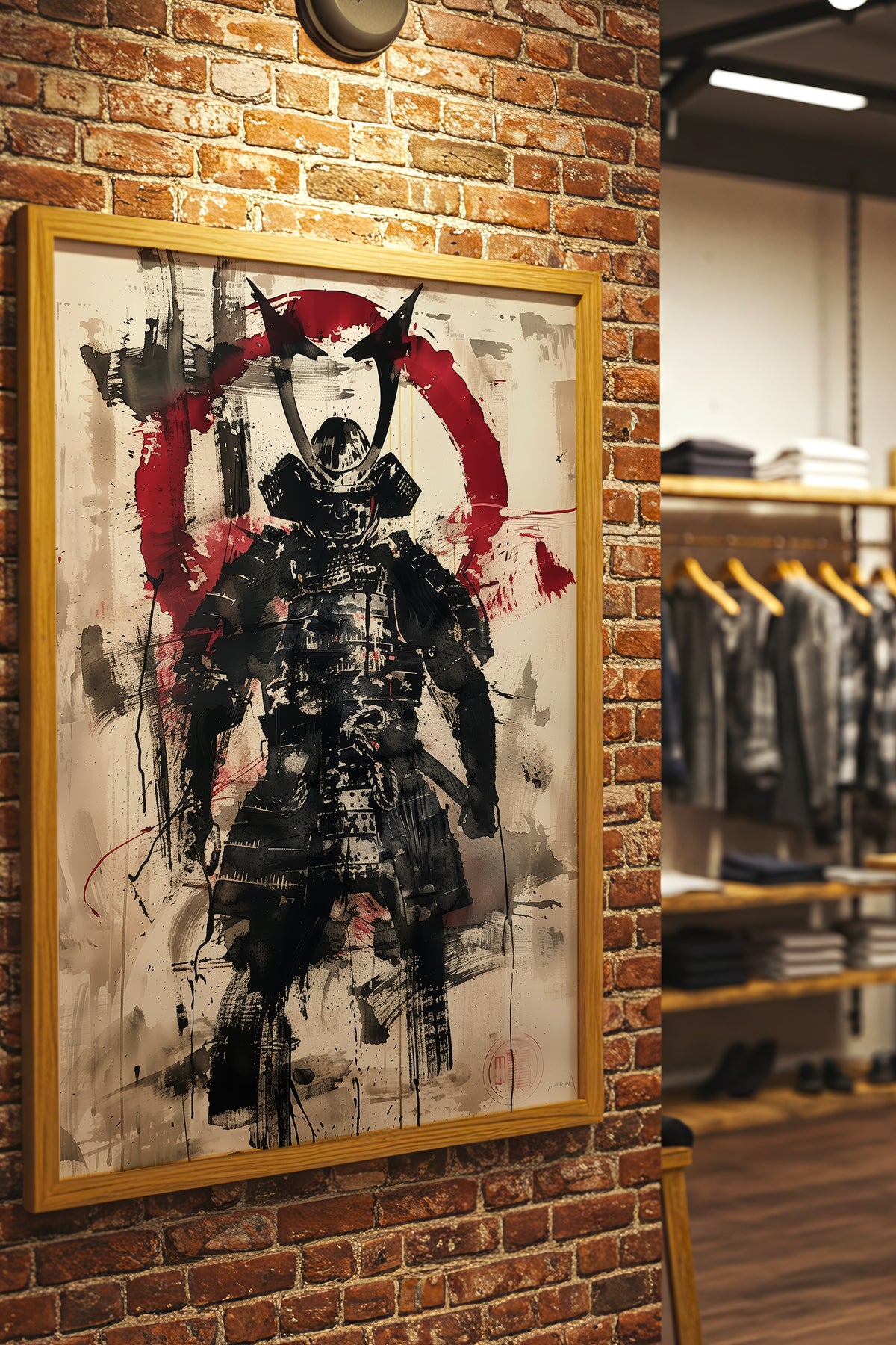 Red Enso Samurai Armor Print - Sumi Ink Wash Poster | Samurai Legacy