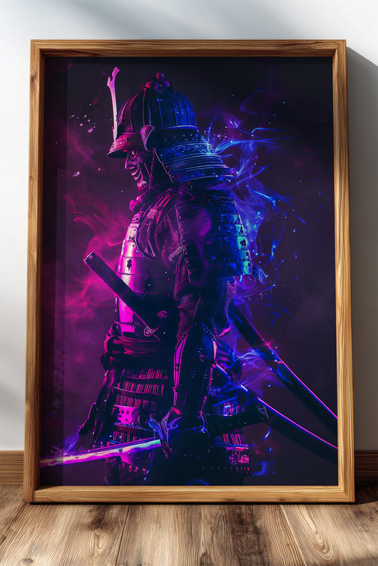 Cyber Neon Samurai Wall Art - Violet Blue Shogun Poster | Samurai Legacy