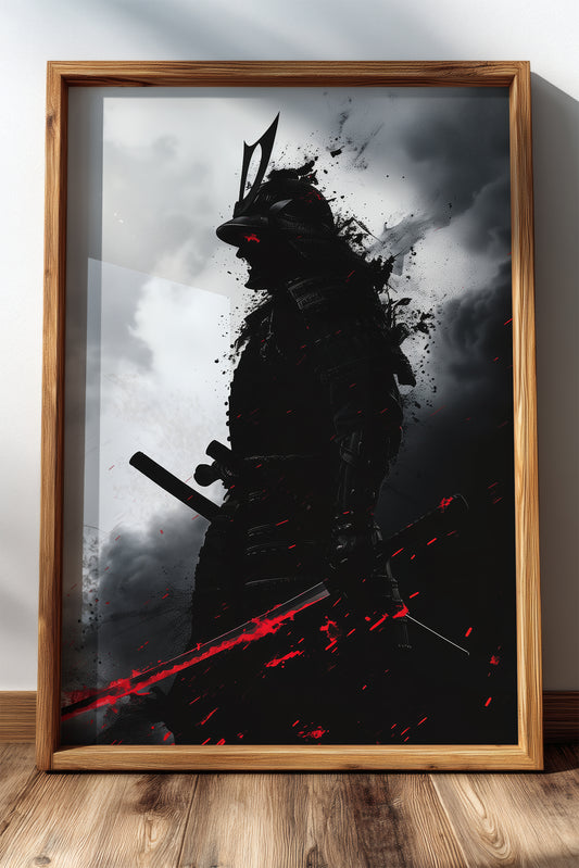 Crimson Blade Samurai Print - Dark Monochrome Poster | Samurai Legacy