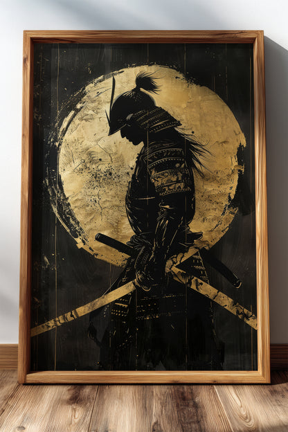 Gold Leaf Dual Katana Samurai Print - Obsidian Art | Samurai Legacy