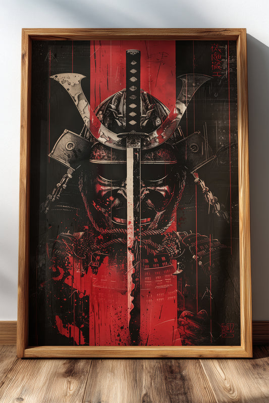 Crimson Katana Kabuto Poster - Graphic Samurai Print | Samurai Legacy
