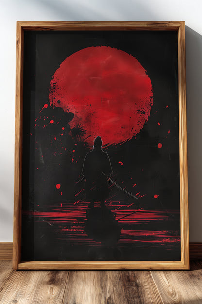 Crimson Moon Samurai Wall Art - Dark Minimalist Poster | Samurai Legacy