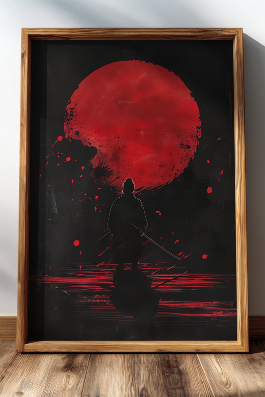 Crimson Moon Samurai Wall Art - Dark Minimalist Poster | Samurai Legacy