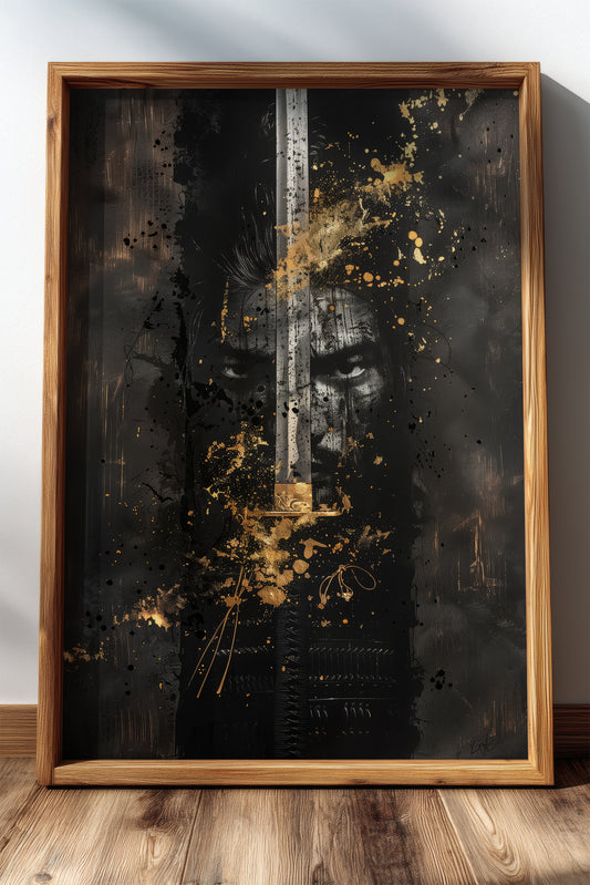 Blade Katana Samurai Face Print - Gold Splatter Art | Samurai Legacy