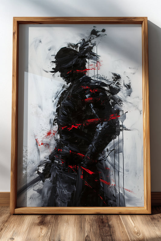 Charcoal Splatter Samurai Print - Raw Action Oil Poster | Samurai Legacy