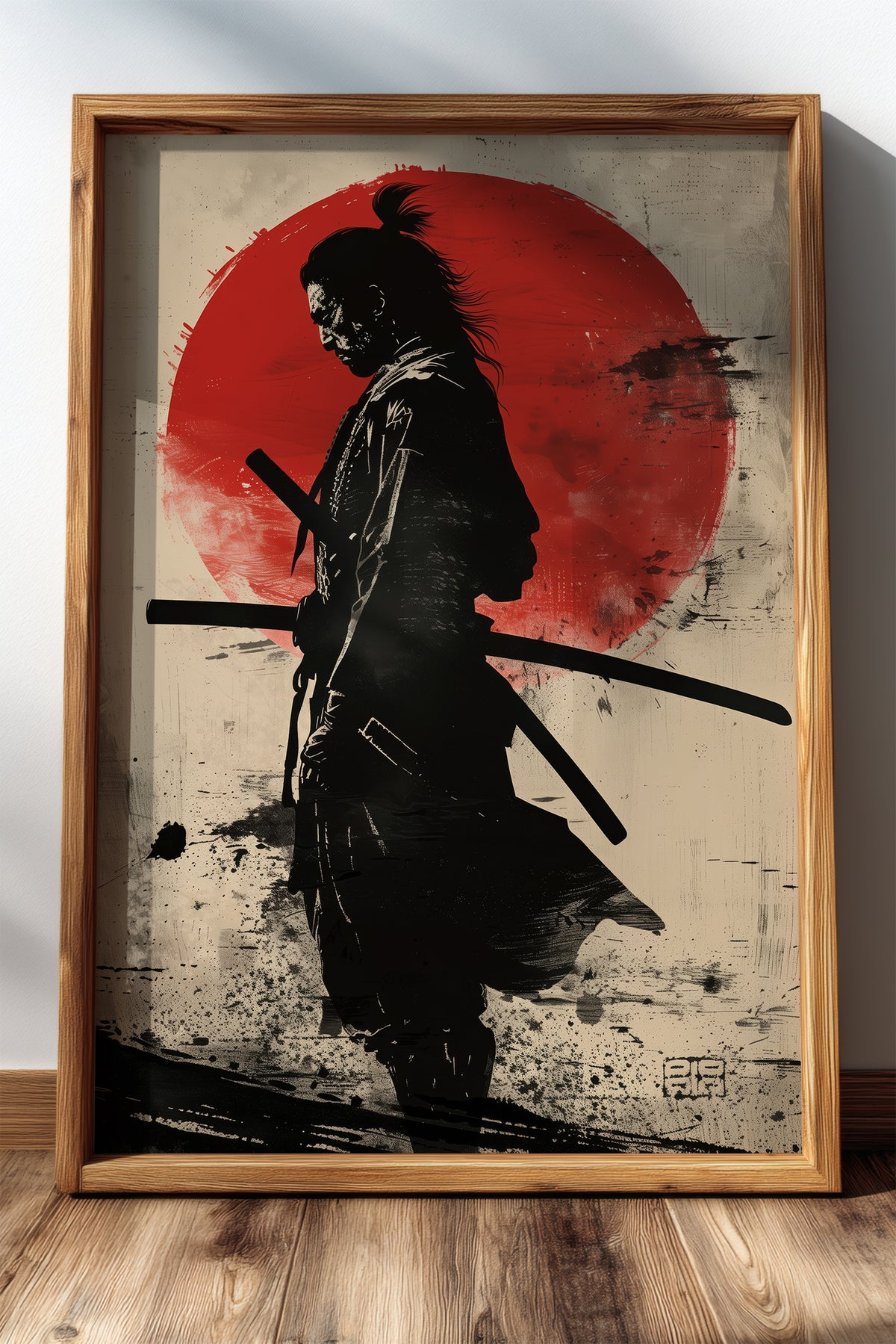 Red Sun Samurai Art Print - Vintage Sumi Ink Poster | Samurai Legacy