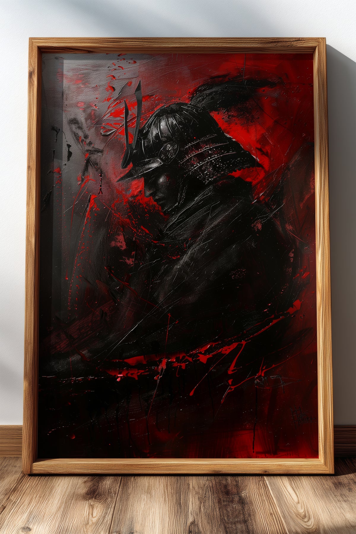 Crimson Samurai Helmet Profile Print - Dark Impasto Art | Samurai Legacy