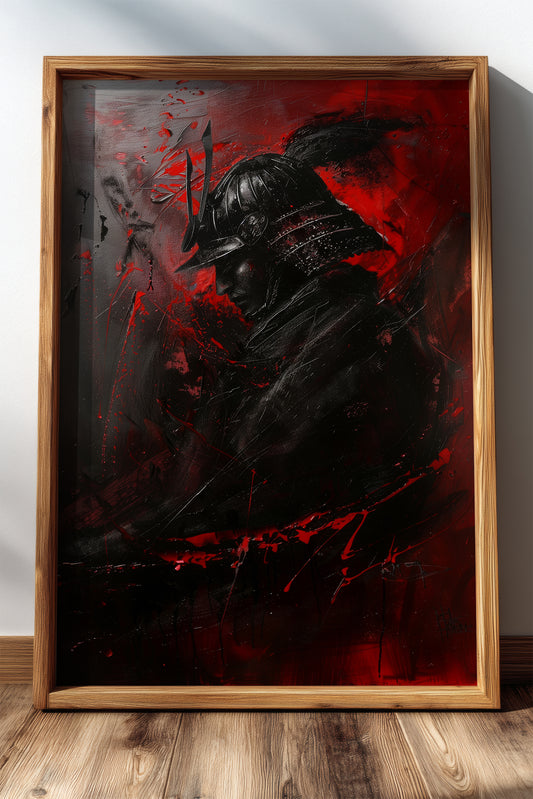 Crimson Samurai Helmet Profile Print - Dark Impasto Art | Samurai Legacy