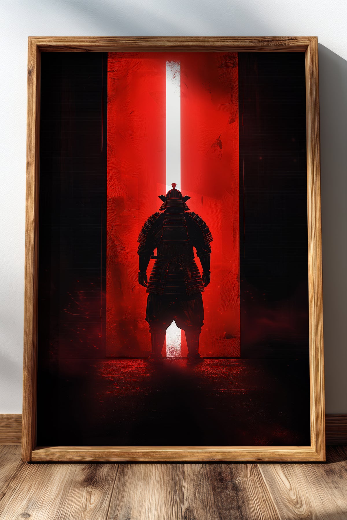 Red Portal Samurai Armor Print - Minimal Light Beam Art | Samurai Legacy