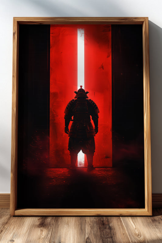 Red Portal Samurai Armor Print - Minimal Light Beam Art | Samurai Legacy