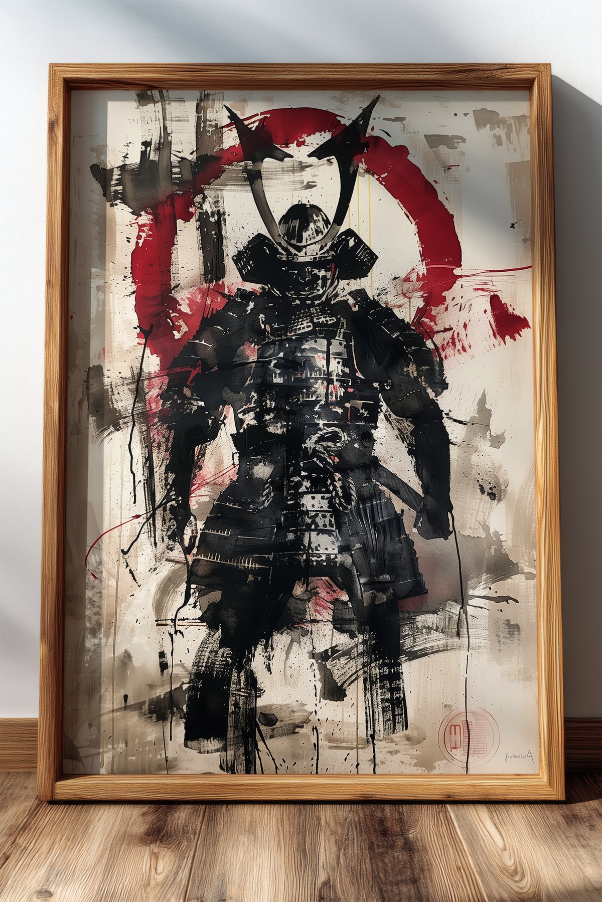 Red Enso Samurai Armor Print - Sumi Ink Wash Poster | Samurai Legacy
