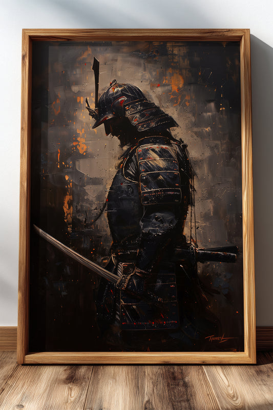 Gold Ember Samurai Profile Print - Dark Impasto Art | Samurai Legacy