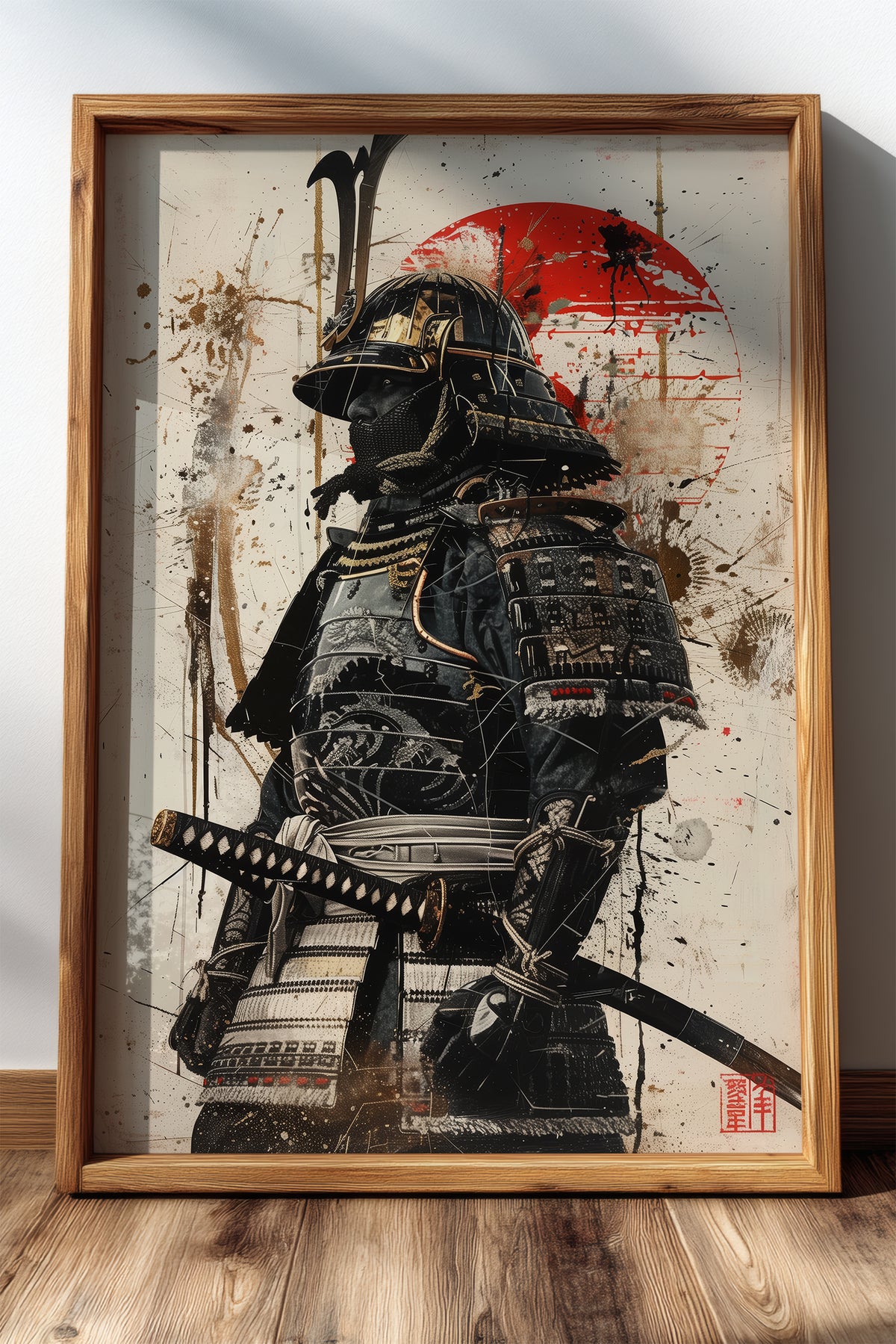 Red Sun Samurai Armor Print - Gold Splatter Wash Art | Samurai Legacy