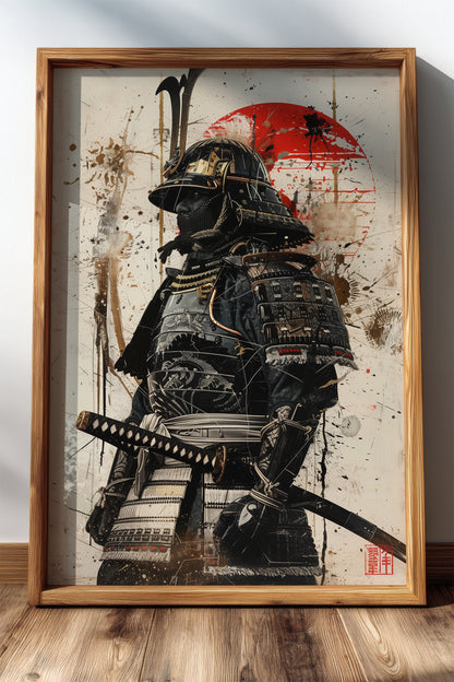 Red Sun Samurai Armor Print - Gold Splatter Wash Art | Samurai Legacy