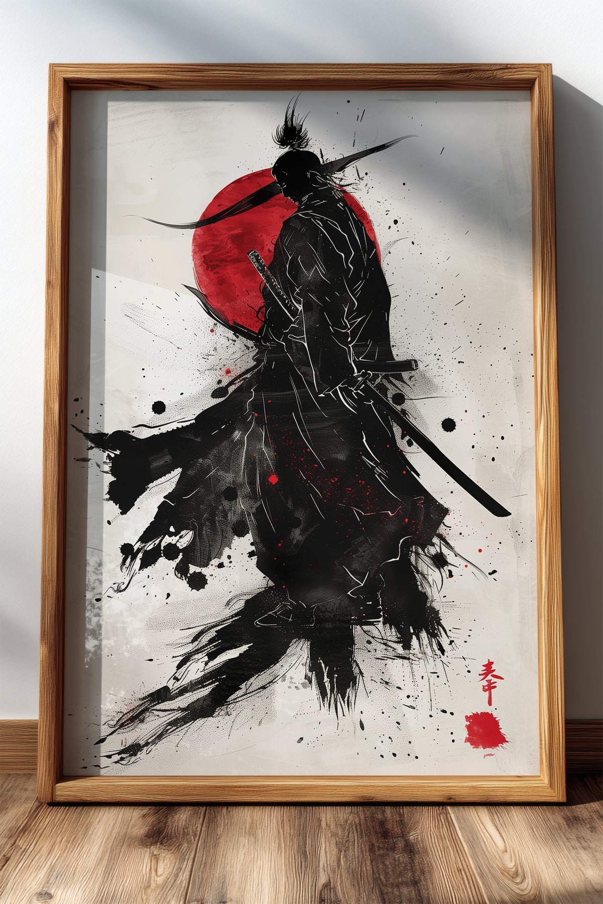 Crimson Sun Samurai Print - Dynamic Sumi Ink Poster | Samurai Legacy