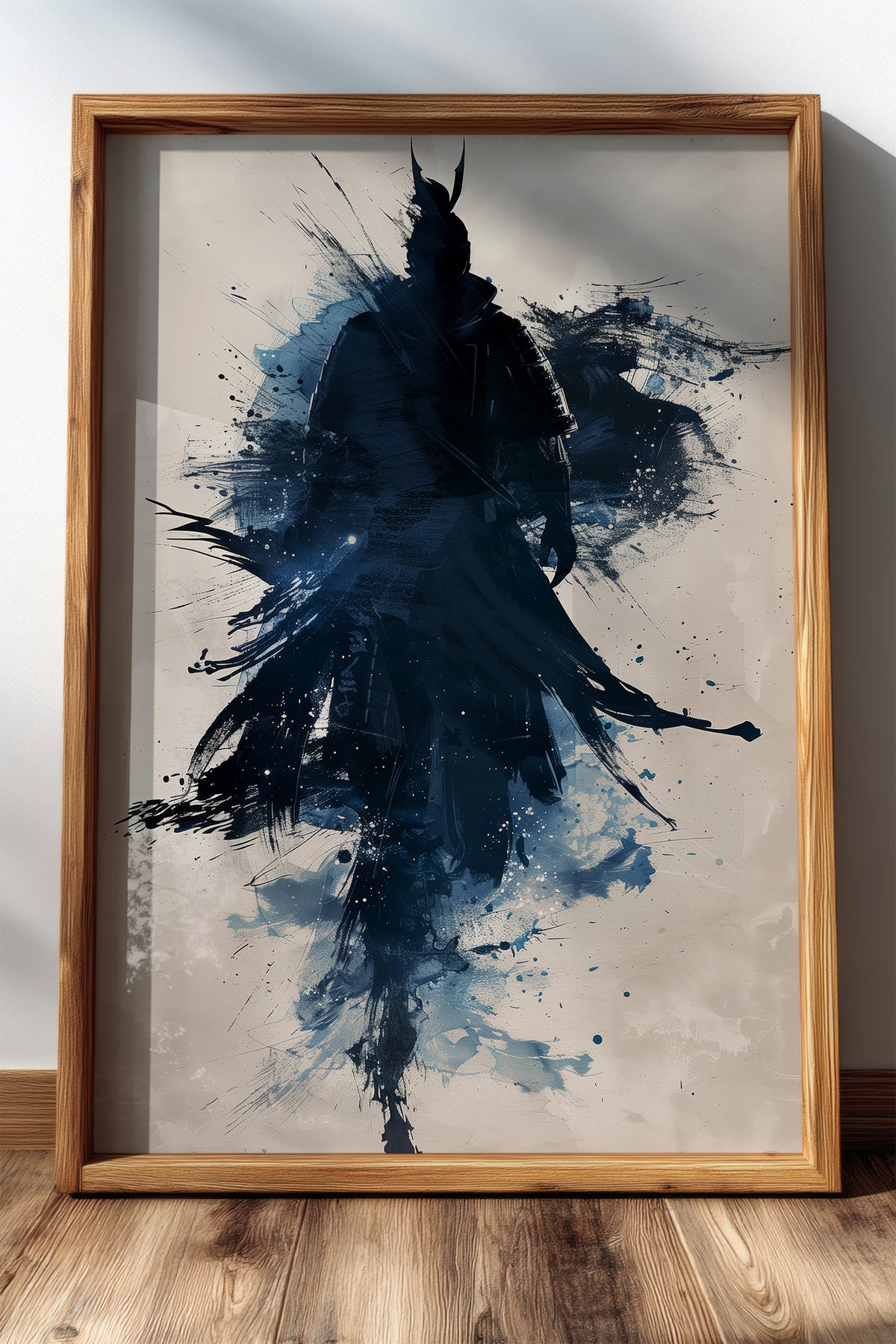 Indigo Splatter Samurai Print - Sumi Ink Wash Poster | Samurai Legacy