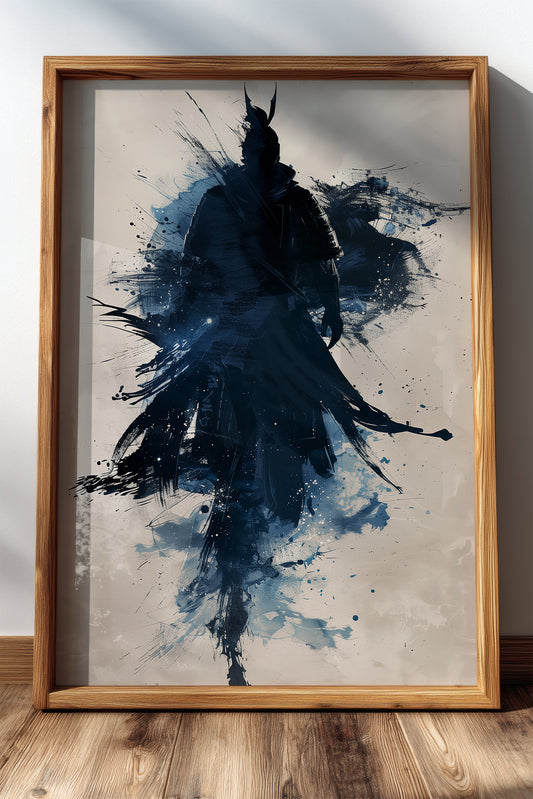Indigo Splatter Samurai Print - Sumi Ink Wash Poster | Samurai Legacy