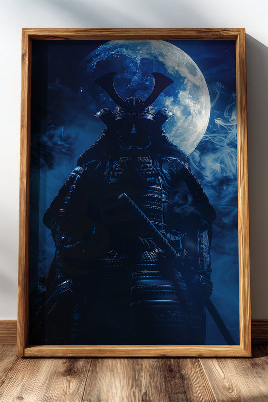 Full Moon Samurai Armor Print - Lunar Noir Art | Samurai Legacy