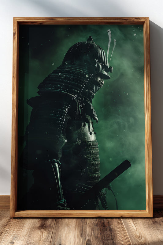 Emerald Shadow Samurai Print - Jade Mist Shogun Poster | Samurai Legacy