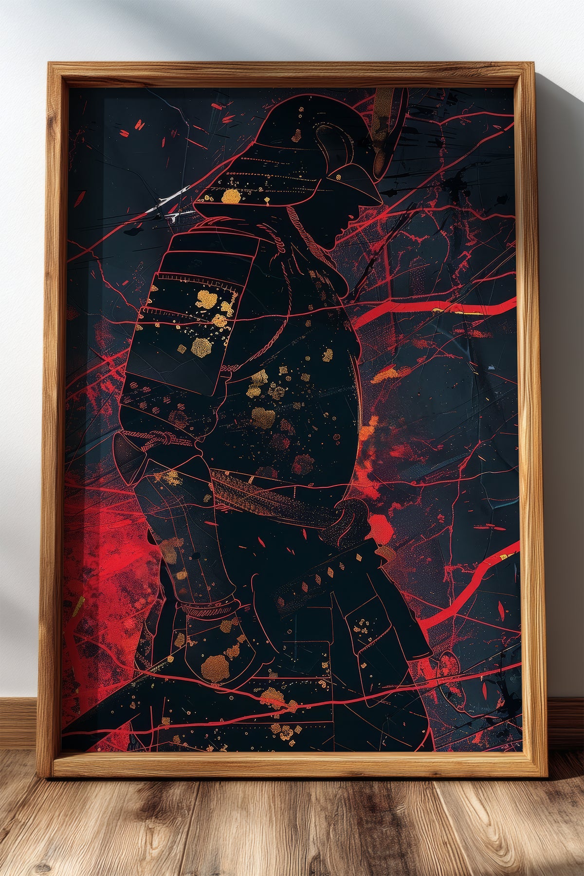 Crimson Line Samurai Armor Poster - Abstract Gold Print | Samurai Legacy