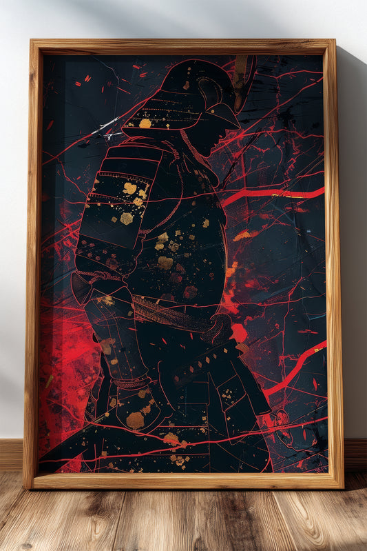 Crimson Line Samurai Armor Poster - Abstract Gold Print | Samurai Legacy