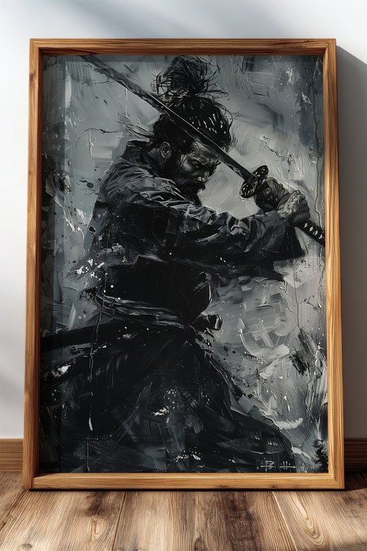 Monochromatic Katana Samurai Poster - Impasto Art Print | Samurai Legacy