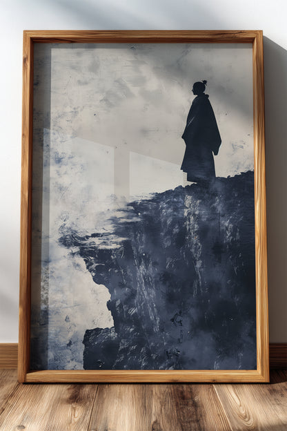 Cliffside Samurai Print - Slate Blue Ink Wash Poster | Samurai Legacy