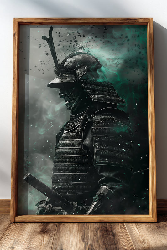 Emerald Ember Samurai Print - Dark Jade Aura Poster | Samurai Legacy