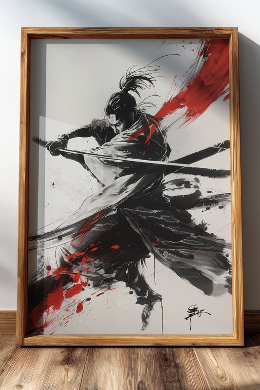 Crimson Arc Samurai Katana Print - Ink Wash Poster | Samurai Legacy