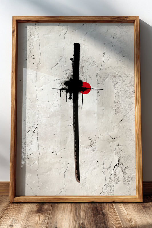 Katana Sword Red Sun Wall Art - Minimalist Ink Poster | Samurai Legacy