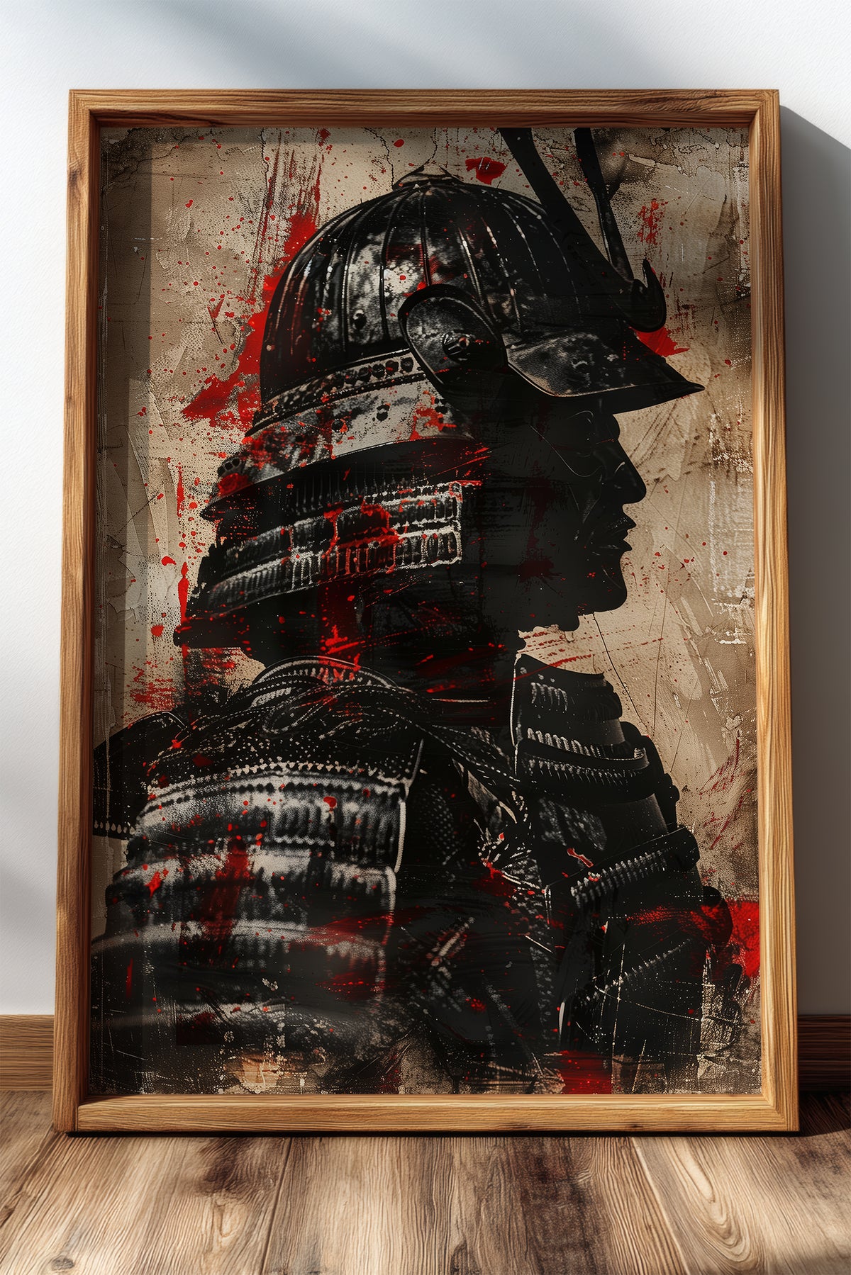 Crimson Splatter Kabuto Samurai Print - Vintage Art | Samurai Legacy