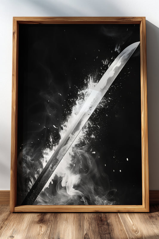 Glowing Katana Blade Print - Monochromatic Smoke Poster | Samurai Legacy