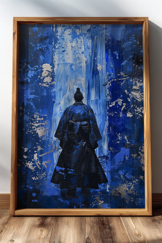 Cobalt Blue Samurai Print - Silver Impasto Poster | Samurai Legacy