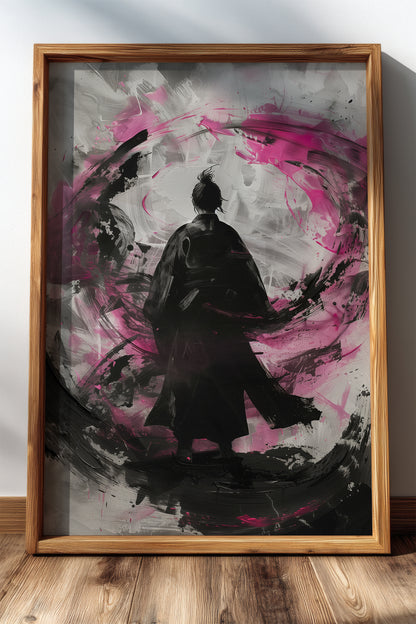 Silent Focus Lone Samurai Print - Expressionist Pink Ink Art | Samurai Legacy