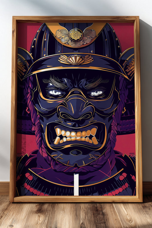 Fierce Guardian Oni Samurai Print - Bold Red & Navy Shogun Armor | Samurai Legacy