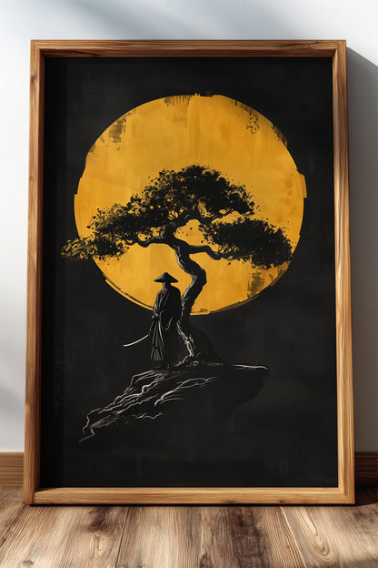 Lone Moonlit Samurai Bonsai Print - Abstract Gold & Black Zen Landscape | Samurai Legacy