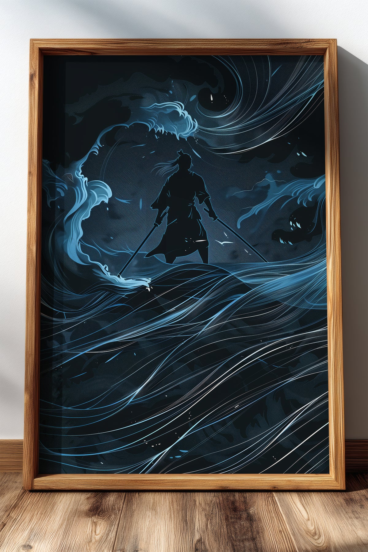 Lone Samurai Blue Ocean Print - Abstract Wave Art | Samurai Legacy