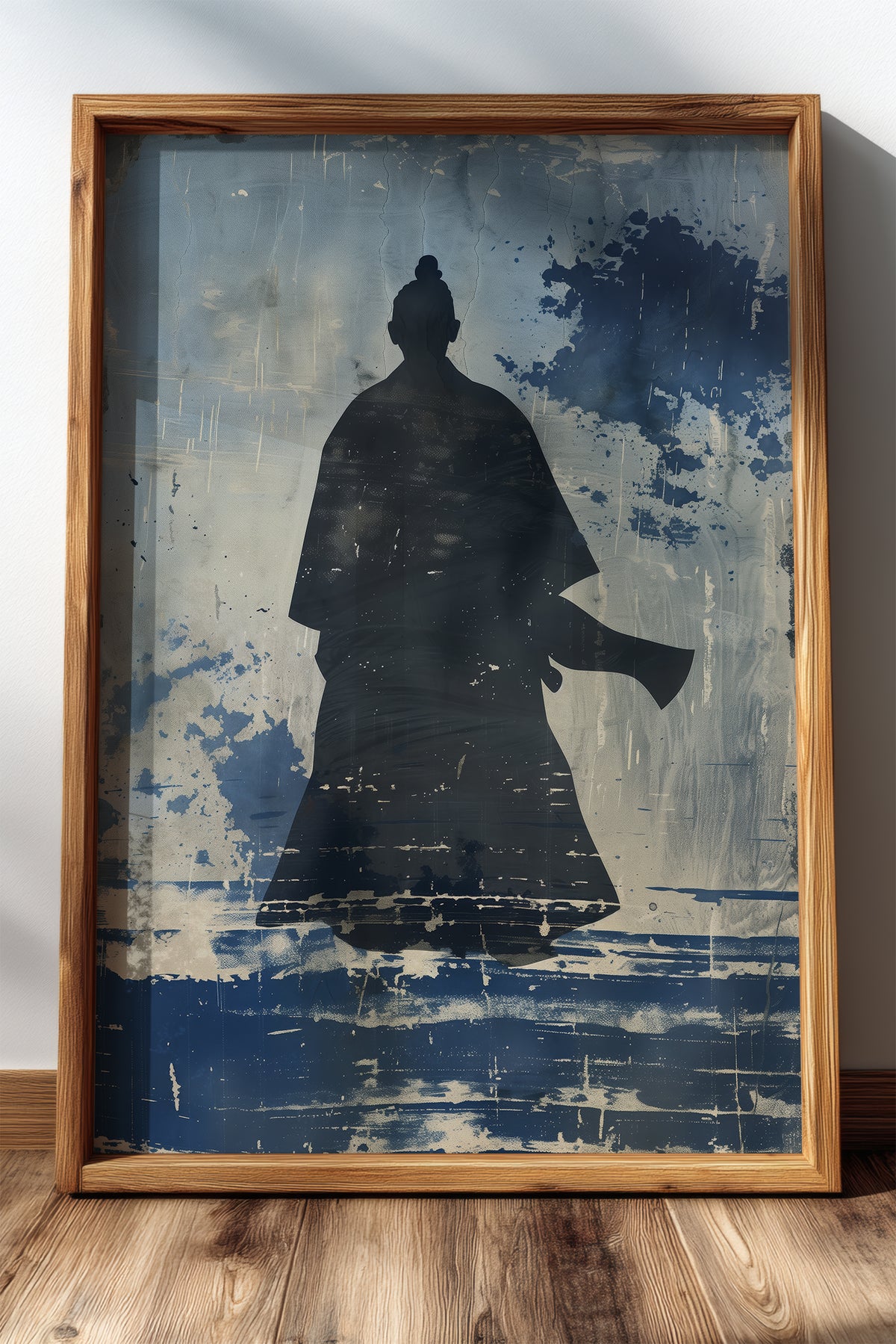 Lone Samurai Silhouette Print - Blue Ink Wabi-Sabi Art | Samurai Legacy