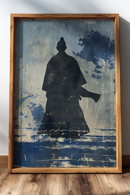 Lone Samurai Silhouette Print - Blue Ink Wabi-Sabi Art | Samurai Legacy