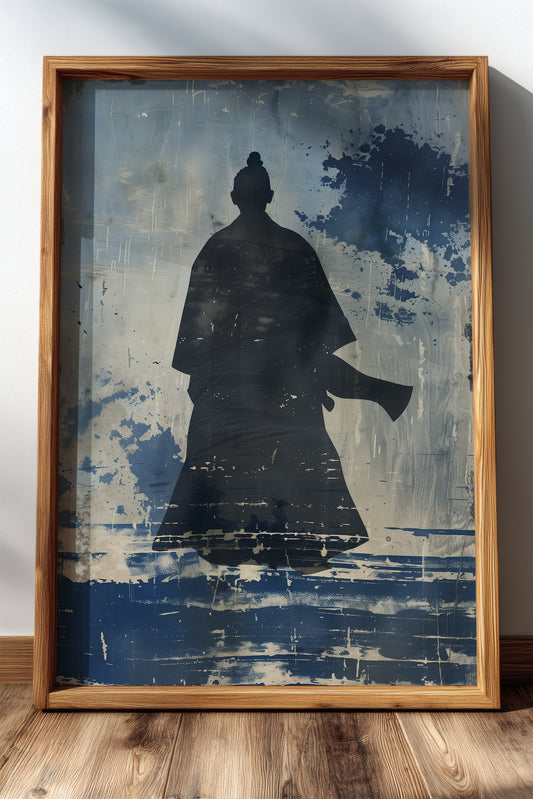 Lone Samurai Silhouette Print - Blue Ink Wabi-Sabi Art | Samurai Legacy