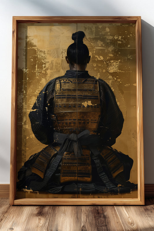 Seated Samurai Armor Poster - Gold Leaf Japanese Wall Art | Samurai Legacy
