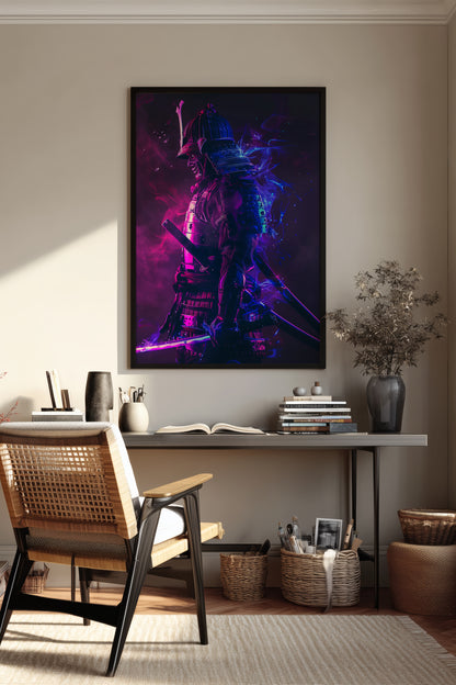 Cyber Neon Samurai Wall Art - Violet Blue Shogun Poster | Samurai Legacy