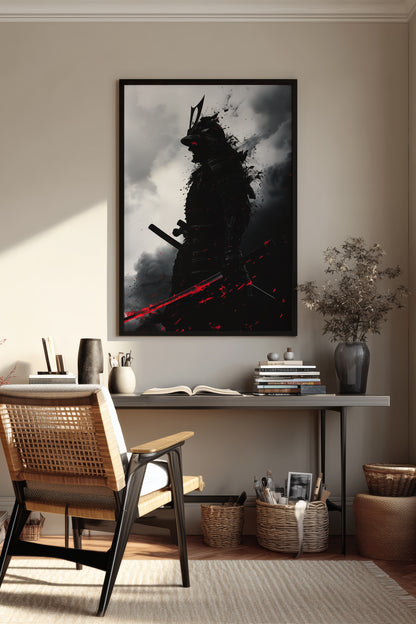 Crimson Blade Samurai Print - Dark Monochrome Poster | Samurai Legacy