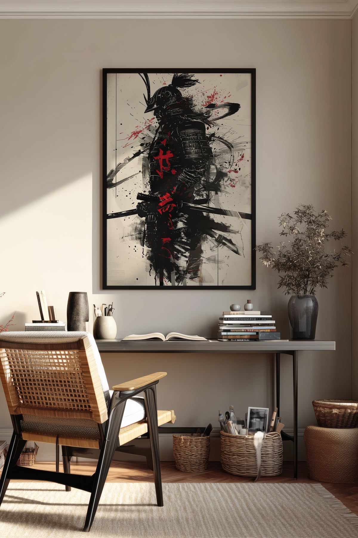 Calligraphy Splatter Samurai Armor Print - Ink Art Poster | Samurai Legacy