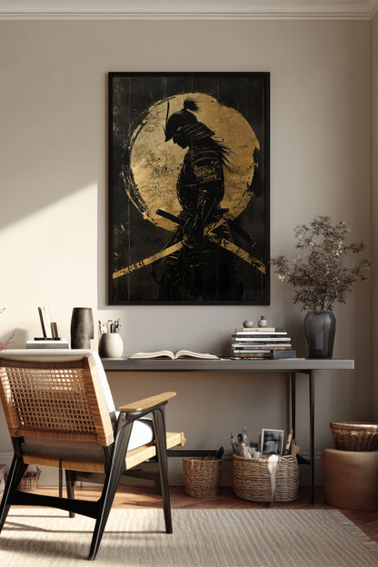 Gold Leaf Dual Katana Samurai Print - Obsidian Art | Samurai Legacy