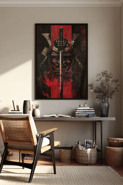 Crimson Katana Kabuto Poster - Graphic Samurai Print | Samurai Legacy