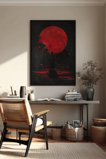 Crimson Moon Samurai Wall Art - Dark Minimalist Poster | Samurai Legacy