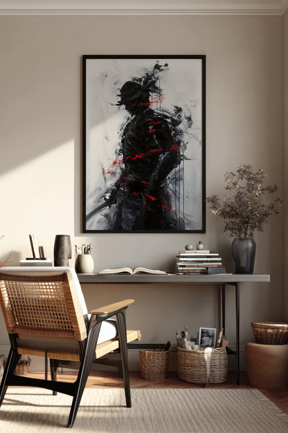 Charcoal Splatter Samurai Print - Raw Action Oil Poster | Samurai Legacy