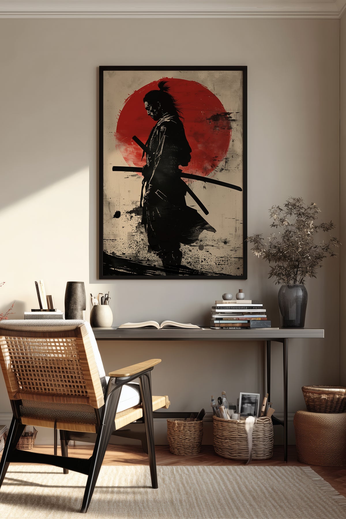 Red Sun Samurai Art Print - Vintage Sumi Ink Poster | Samurai Legacy