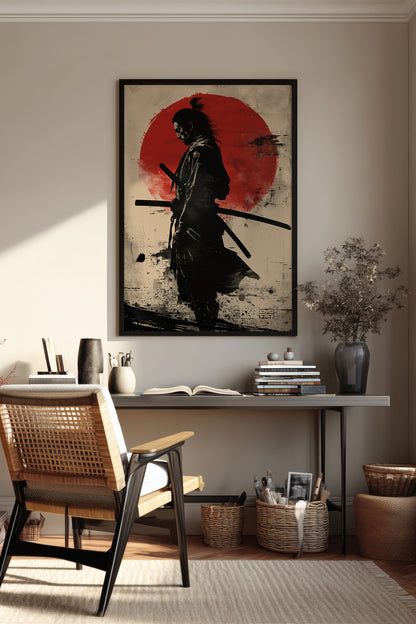 Red Sun Samurai Art Print - Vintage Sumi Ink Poster | Samurai Legacy